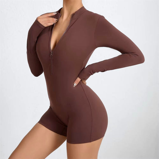 Baller Babe Long Sleeve Zipper Bodysuit Shorts Brown